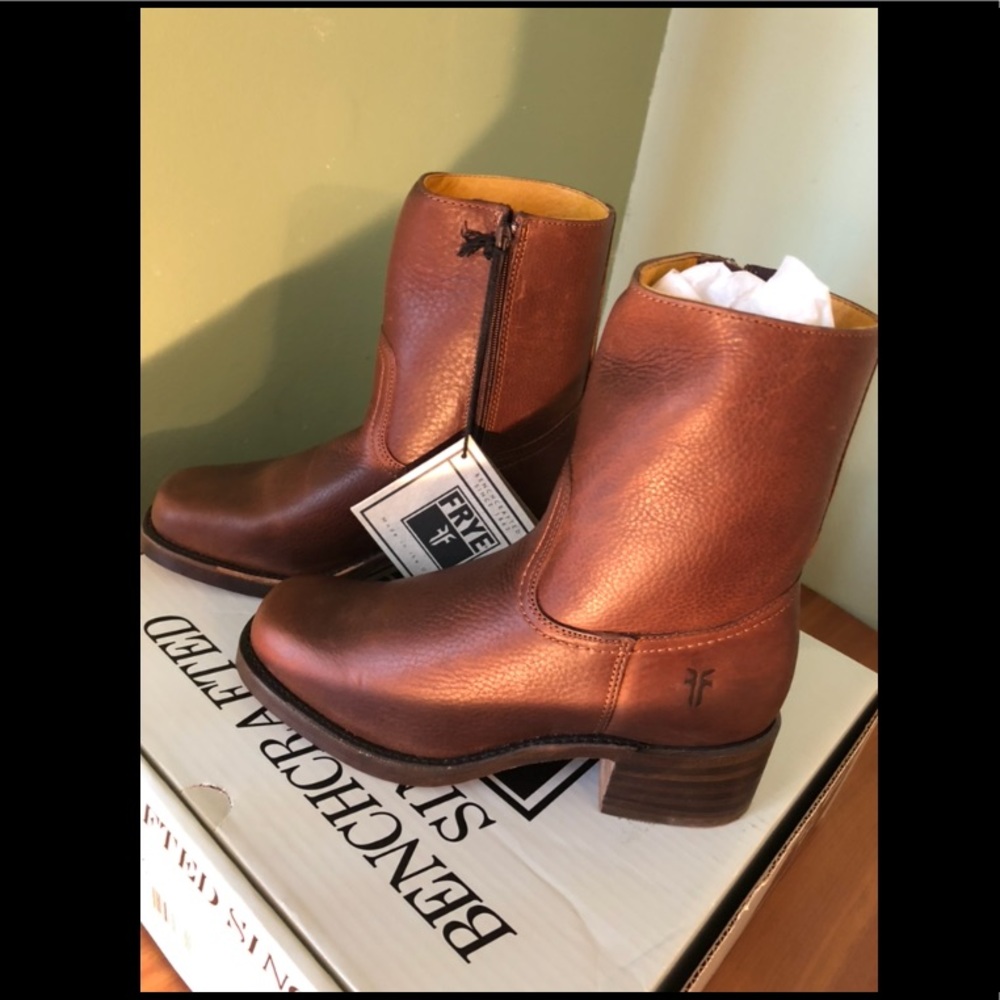 FRYE polished leather/brass hardware boots